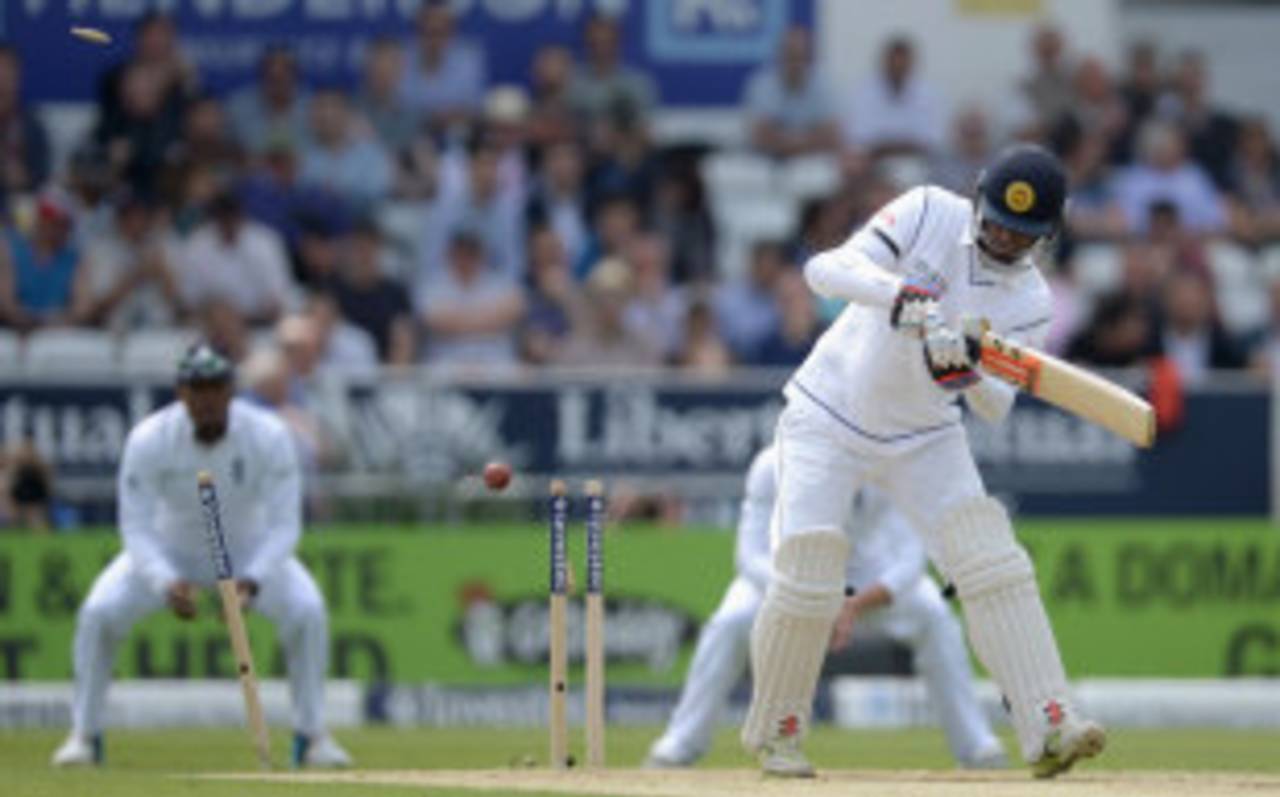 Dimuth Karunaratne lost his leg stump to Liam Plunkett, England v Sri Lanka, 2nd Investec Test, Headingley, 1st day, June 20, 2014