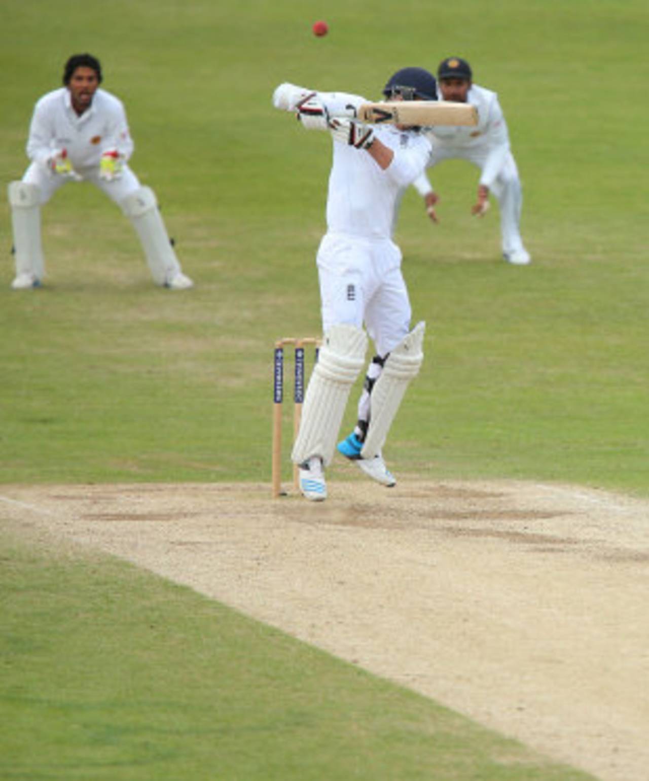 The penultimate ball of the Test flies off James Anderson's bat, England v Sri Lanka, 2nd Investec Test, Headingley, 5th day, June 24, 2014