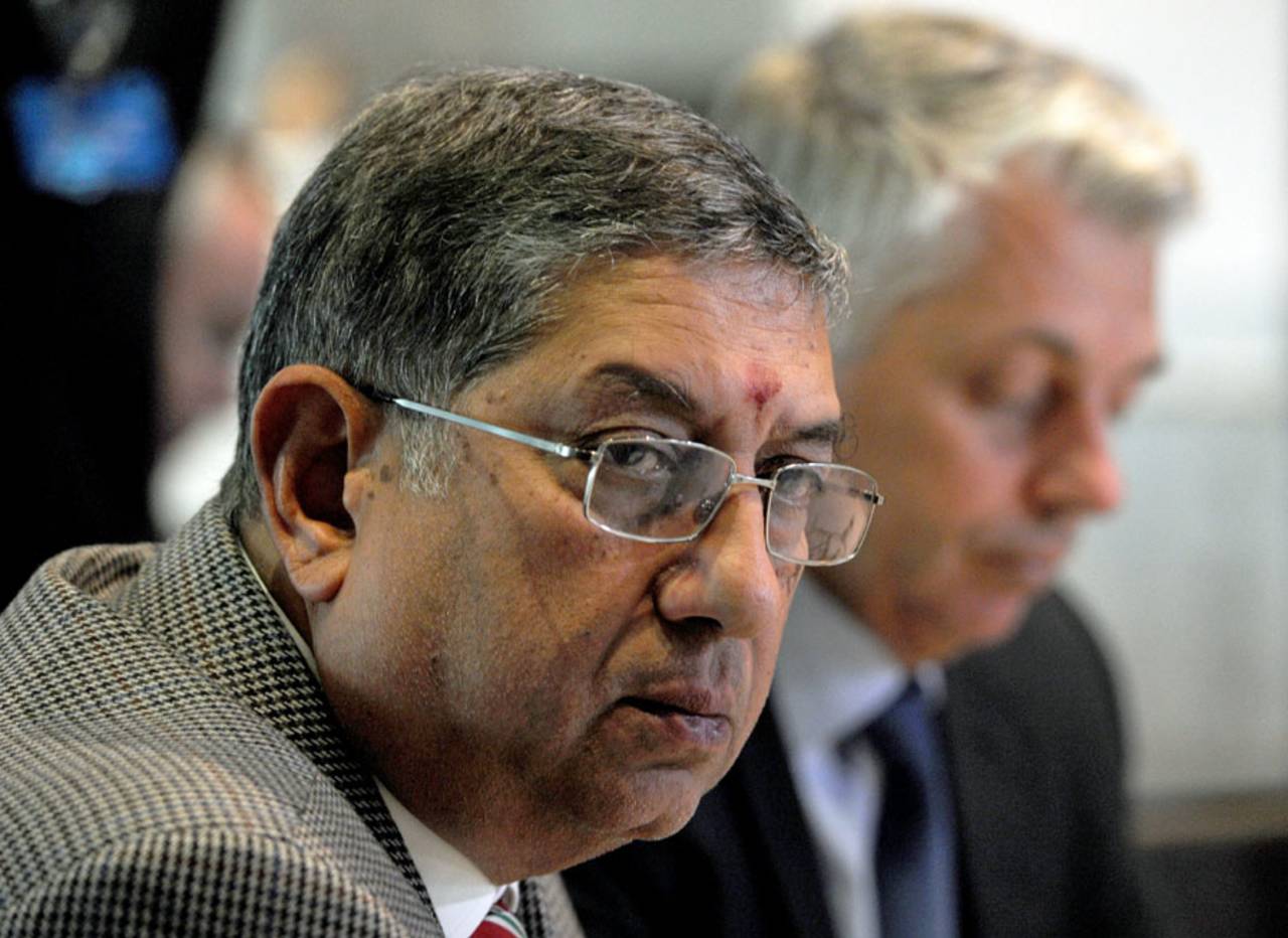 N Srinivasan at a press conference with David Richardson, Melbourne, June 26, 2014