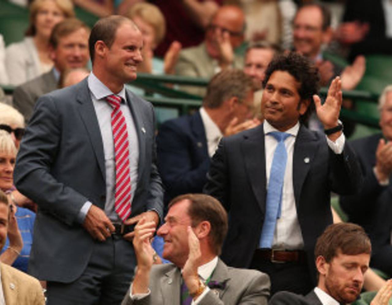 Andrew Strauss and Sachin Tendulkar at Wimbledon, June 28, 2014