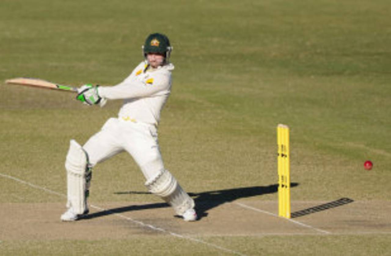Phillip Hughes plays a square cut, Australia A v India A, 1st unofficial Test, Brisbane, 2nd day, July 7, 2014