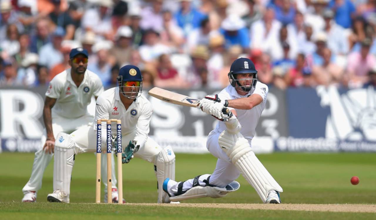 James Anderson sets up for a reverse sweep, England v India, 1st Investec Test, Trent Bridge, 4th day, July 12, 2014