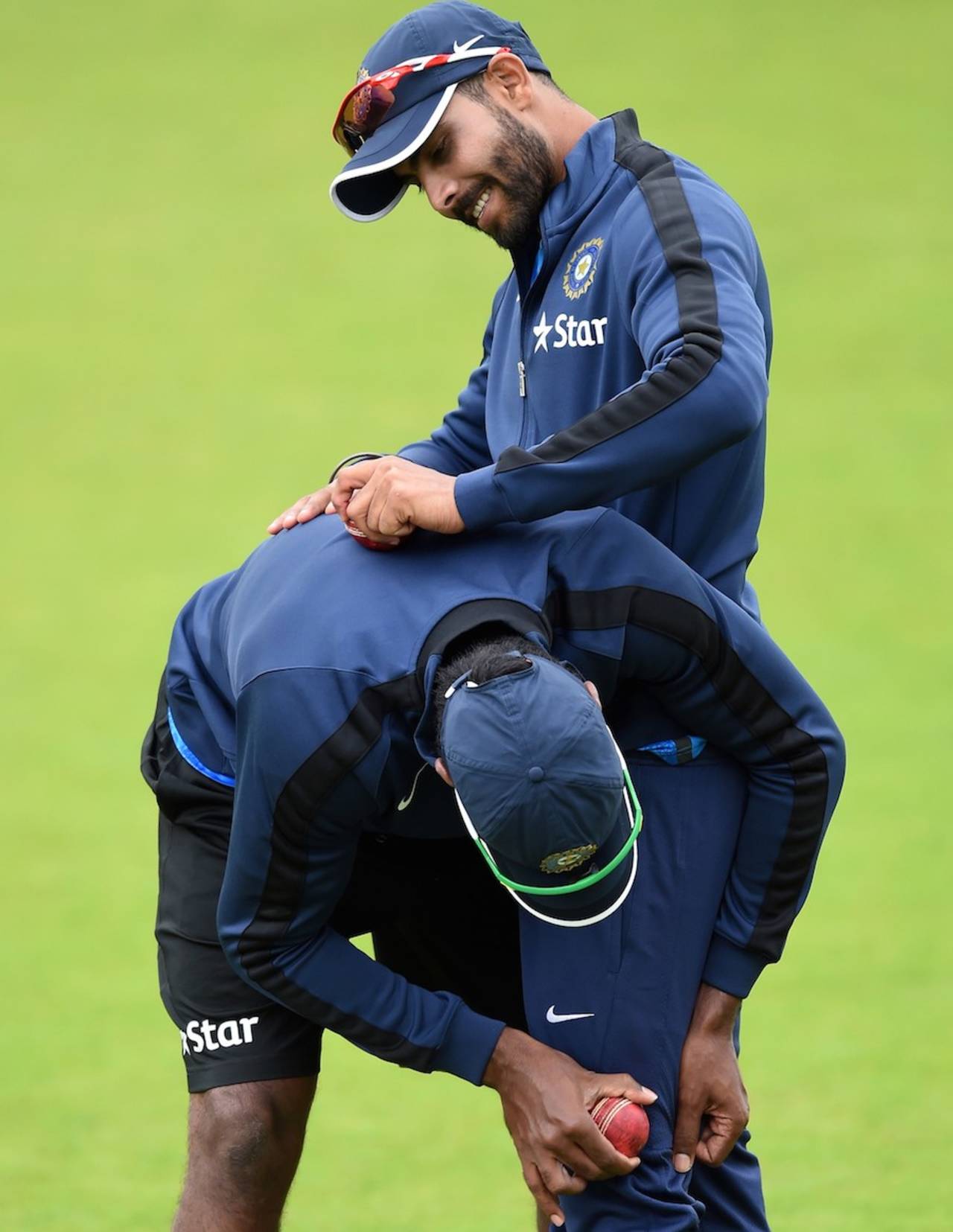 Ravindra Jadeja and Varun Aaron put some work on the ball, Trent Bridge, July 8, 2014
