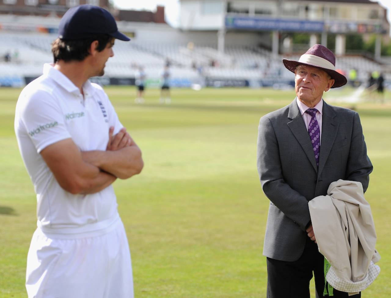 You talkin' to me: Alastair Cook and Geoff Boycott have a chat after the match, England v India, 1st Investec Test, Trent Bridge, 5th day, July 13, 2014