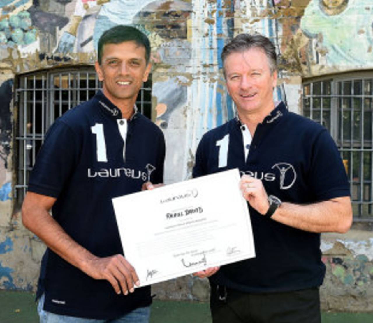 Steve Waugh with Rahul Dravid after the latter was inducted into the Laureus Sport for Good Foundation, London, July 16, 2014