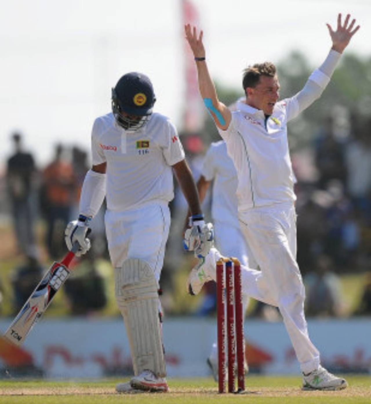 Dale Steyn celebrates after getting rid of Lahiru Thirimanne, Sri Lanka v South Africa, 1st Test, Galle, 3rd day, July 18, 2014
