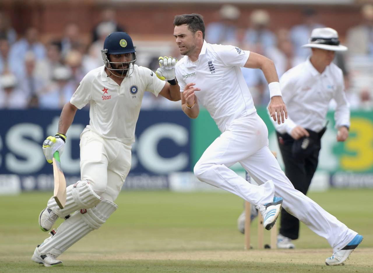 Did they or didn't they? Ravindra Jadeja and James Anderson nearly collide, England v India, 2nd Investec Test, Lord's, 4th day, July 20, 2014