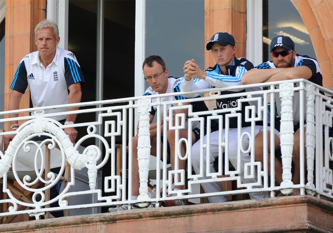Peter Moores leads the long faces in the England balcony, England v India, 2nd Investec Test, Lord's, 5th day, July 21, 2014