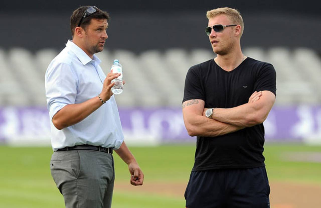 Friends reunited: Steve Harmison and Andrew Flintoff, Lancashire v Yorkshire, Royal London Cup, Group A, Old Trafford, July 26, 2014