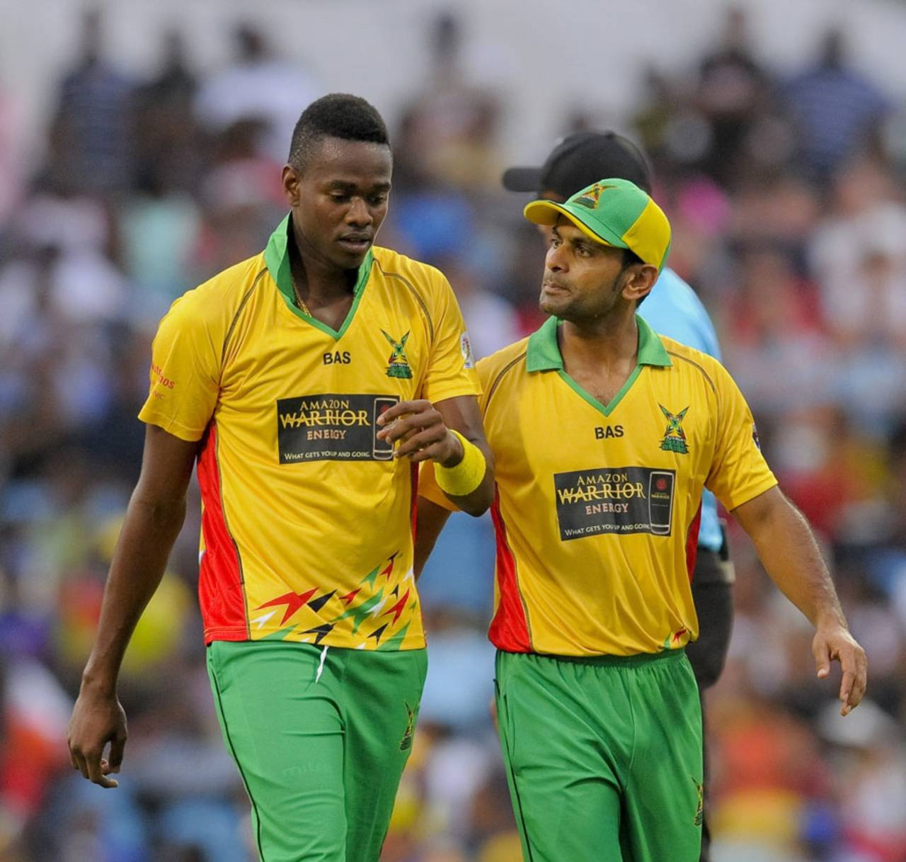 Mohammed Hafeez consults with Ronsford Beaton, Barbados Tridents v Guyana Amazon Warriors, CPL 2014, Bridgetown, July 26, 2014