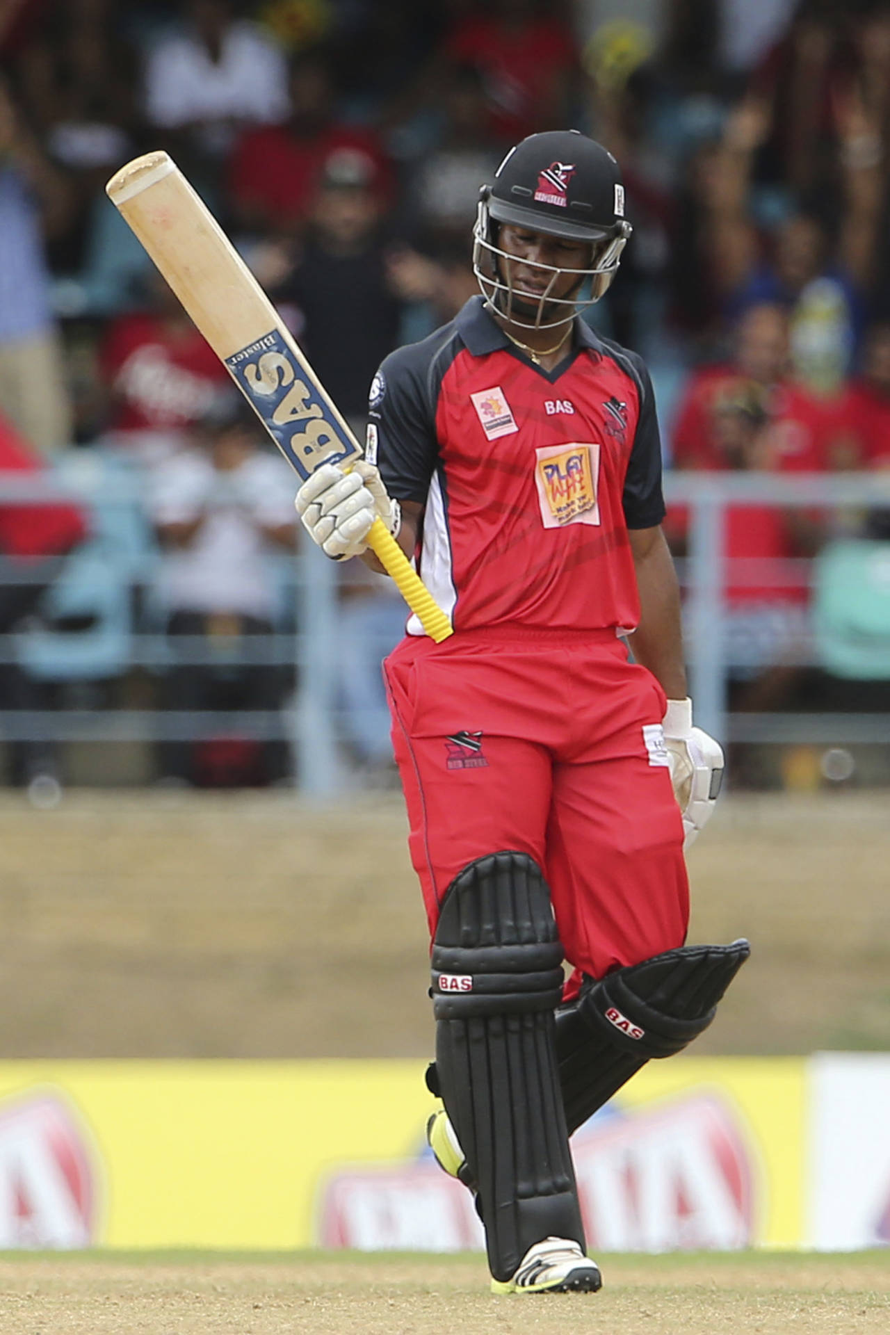 Evin Lewis acknowledges the crowd after reaching 50 off 36 balls, Trinidad & Tobago Red Steel v Jamaica Tallawahs, CPL 2014, Port of Spain, July 26, 2014