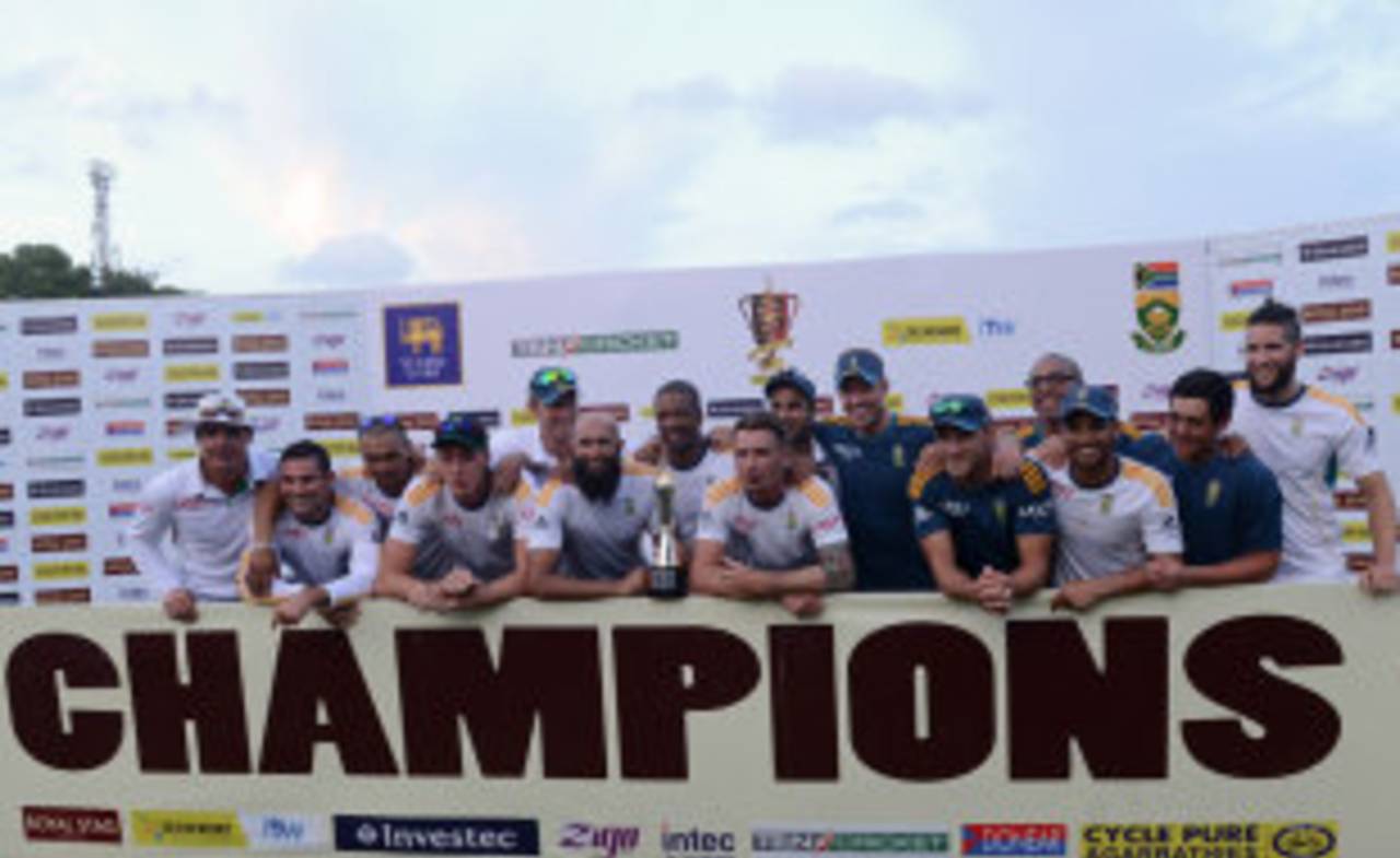 The victorious South Africa team pose with the series trophy. They beat the hosts Sri Lanka 1-0 in the Test series&nbsp;&nbsp;&bull;&nbsp;&nbsp;AFP