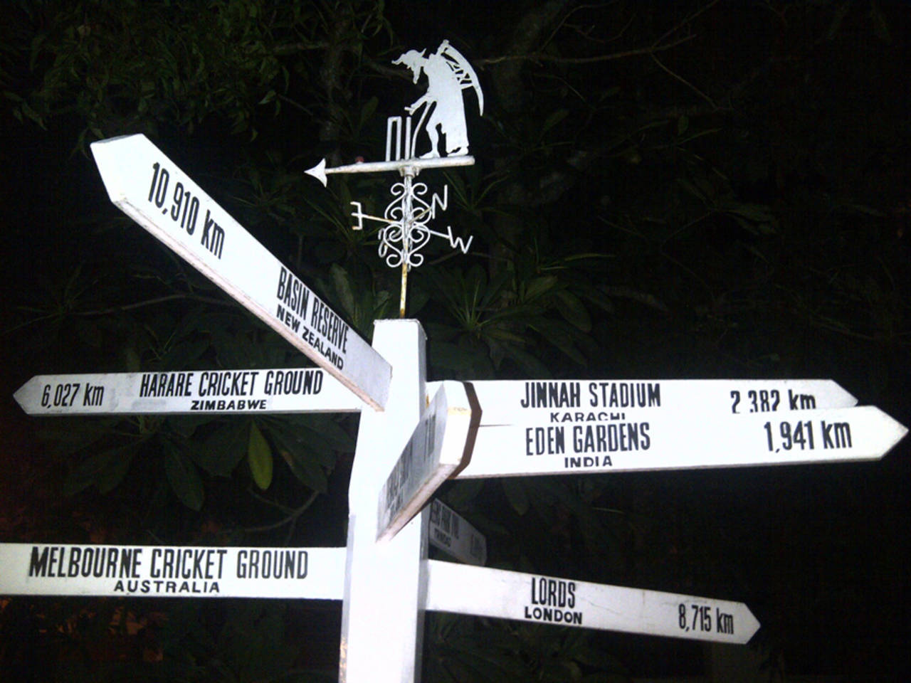 A mock road sign points the way to various cricket locales, The Cricket Club Cafe, Colombo