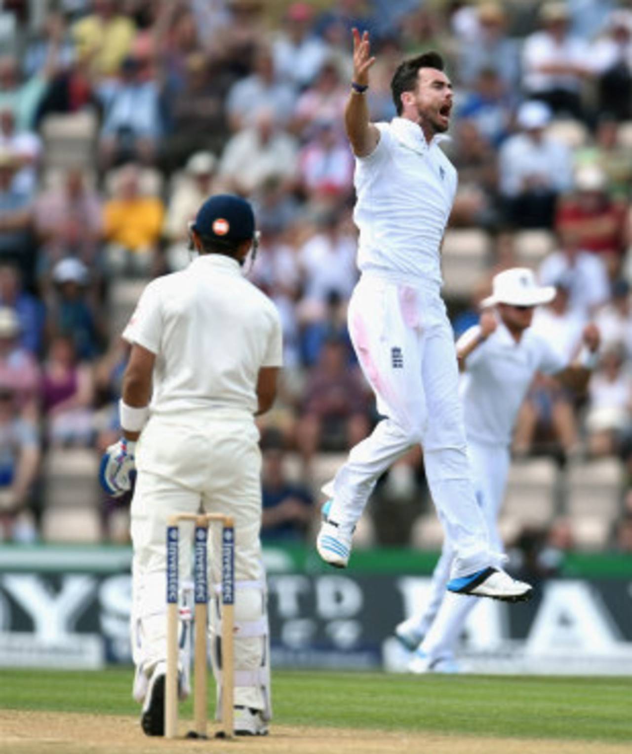 James Anderson roars with the wicket of Virat Kohli, England v India, 3rd Investec Test, Ageas Bowl, 3rd day, July 29, 2014