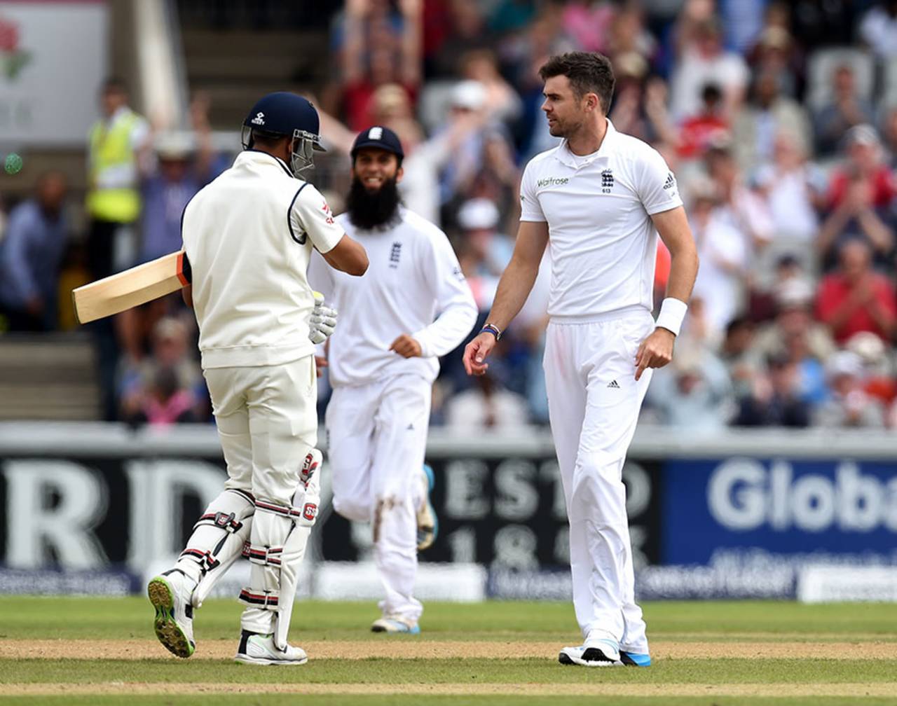 James Anderson glares at Ravindra Jadeja after dismissing him, England v India, 4th Test, Old Trafford, 1st day, August 7, 2014