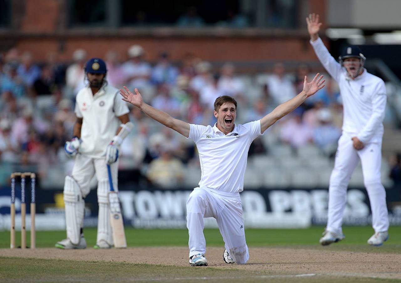 Chris Woakes set England going in the second innings trapping M Vijay lbw, England v India, 4th Test, Old Trafford, 3rd day, August 9, 2014