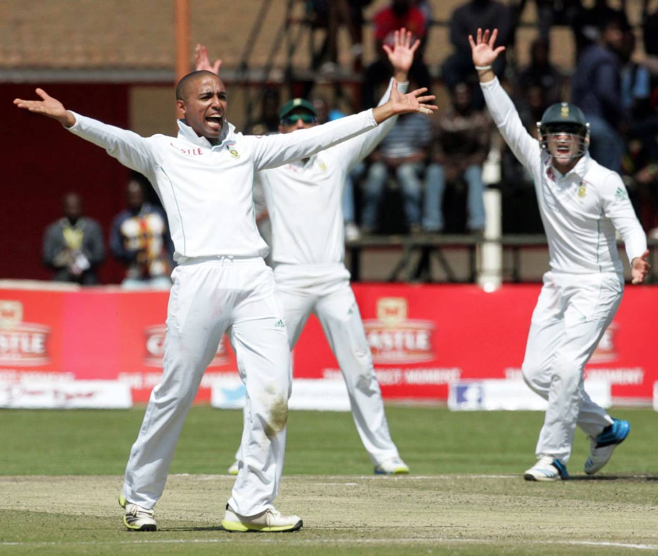 Dane Piedt appeals unsuccessfully for a wicket, Zimbabwe v South Africa, only Test, Harare, 4th day, August 12, 2014