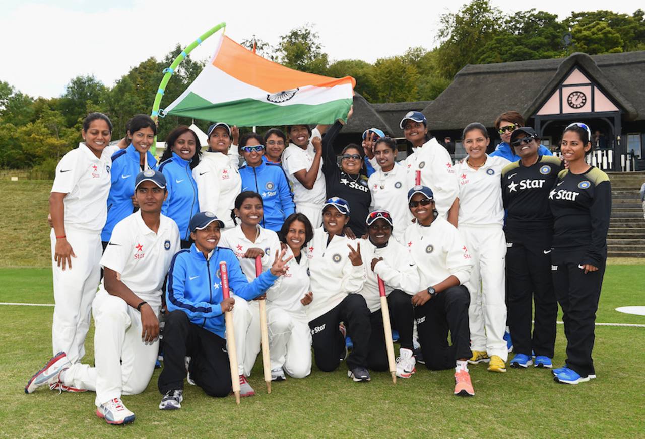 The victorious Indian team after the match, England v India, only women's Test, Wormsley, 4th day, August 16, 2014