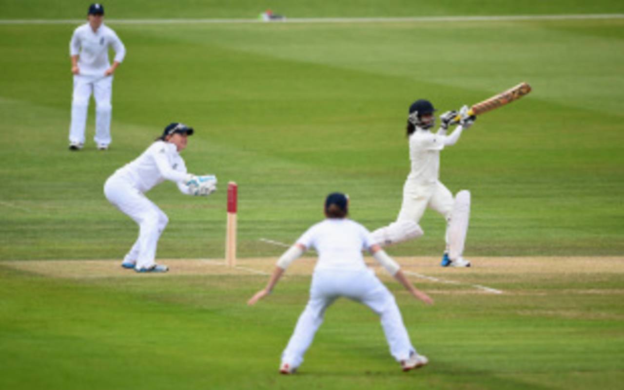 Mithali Raj drives during her unbeaten fifty, England v India, only women's Test, Wormsley, 4th day, August 16, 2014