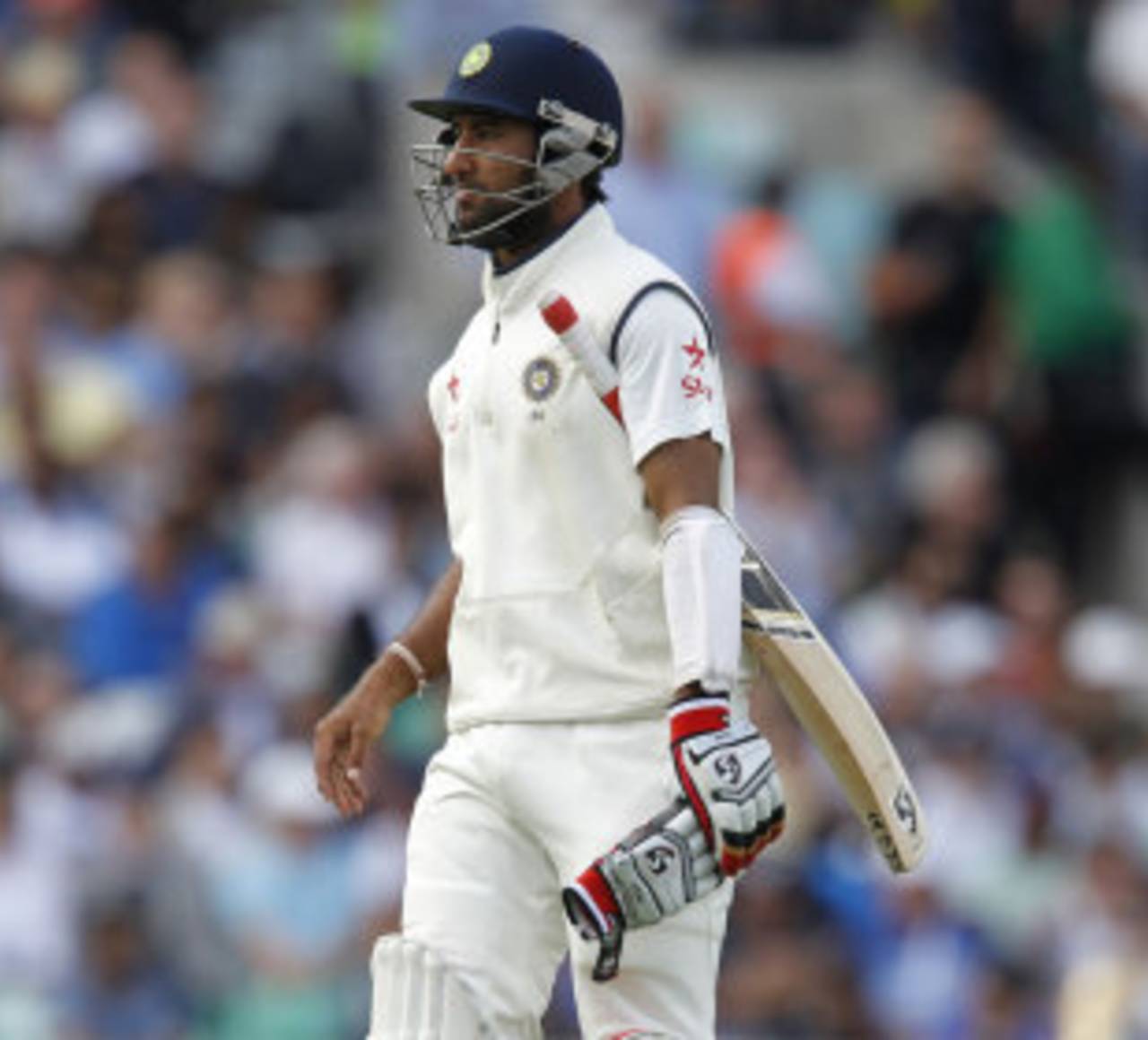 Cheteshwar Pujara traipses off after nicking to the keeper, England v India, 5th Investec Test, The Oval, 3rd day, August 17, 2014