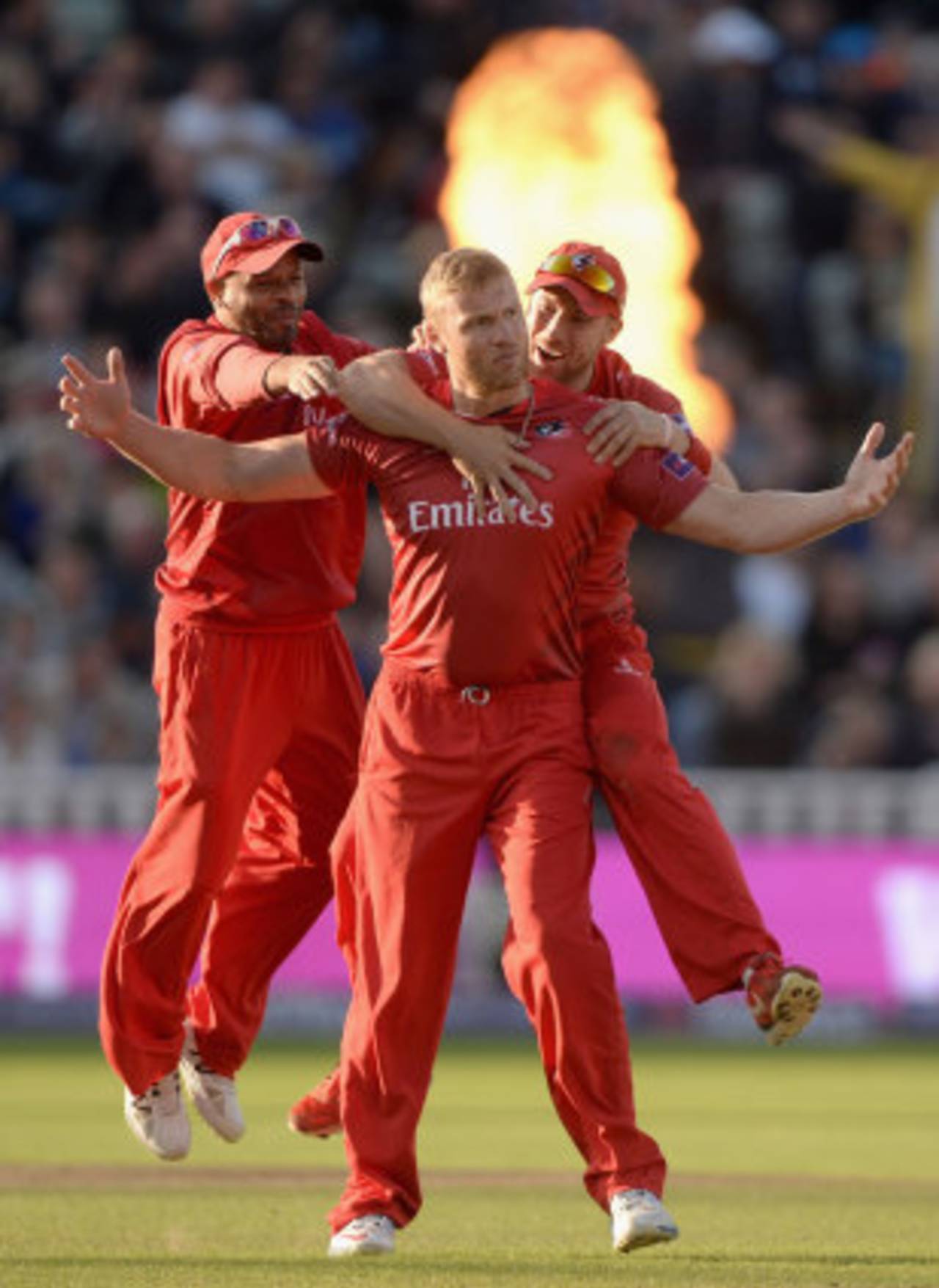 Andrew Flintoff celebrates after a wicket first ball but the magic did nit quite last&nbsp;&nbsp;&bull;&nbsp;&nbsp;Getty Images