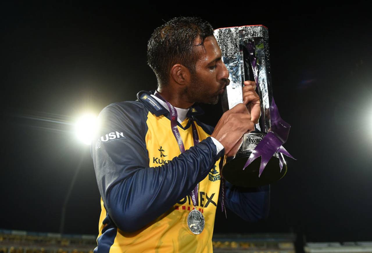 Varun Chopra, captain of, err, Birmingham, kisses the NatWest Blast trophy&nbsp;&nbsp;&bull;&nbsp;&nbsp;PA Photos