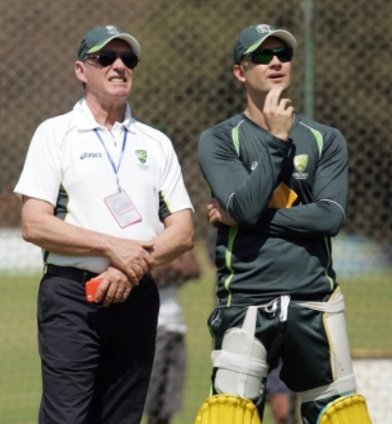 Selector Trevor Hohns with captain Michael Clarke at training, Harare, August 23, 2014