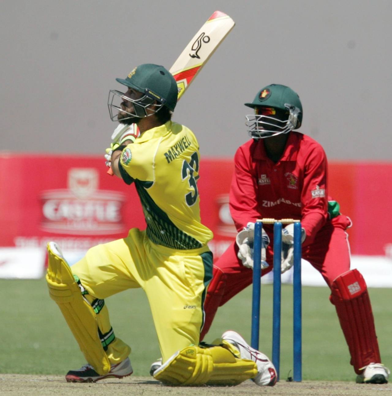 Glenn Maxwell goes for a switch hit, Zimbabwe v Australia, Tri-series, Harare, August 25, 2014