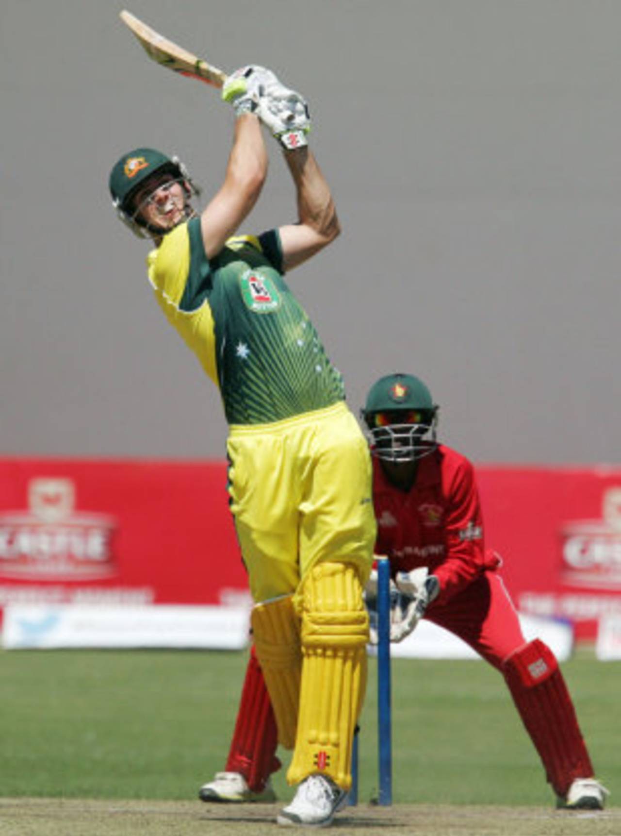 Mitchell Marsh plays a lofted shot down the ground, Zimbabwe v Australia, Tri-series, Harare, August 25, 2014