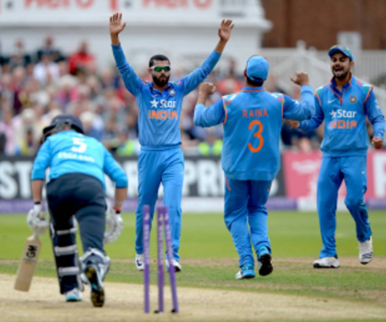 Ravindra Jadeja celebrates the stumping while Joe Root looks towards the leg umpire, England v India, 3rd ODI, Trent Bridge, August 30, 2014