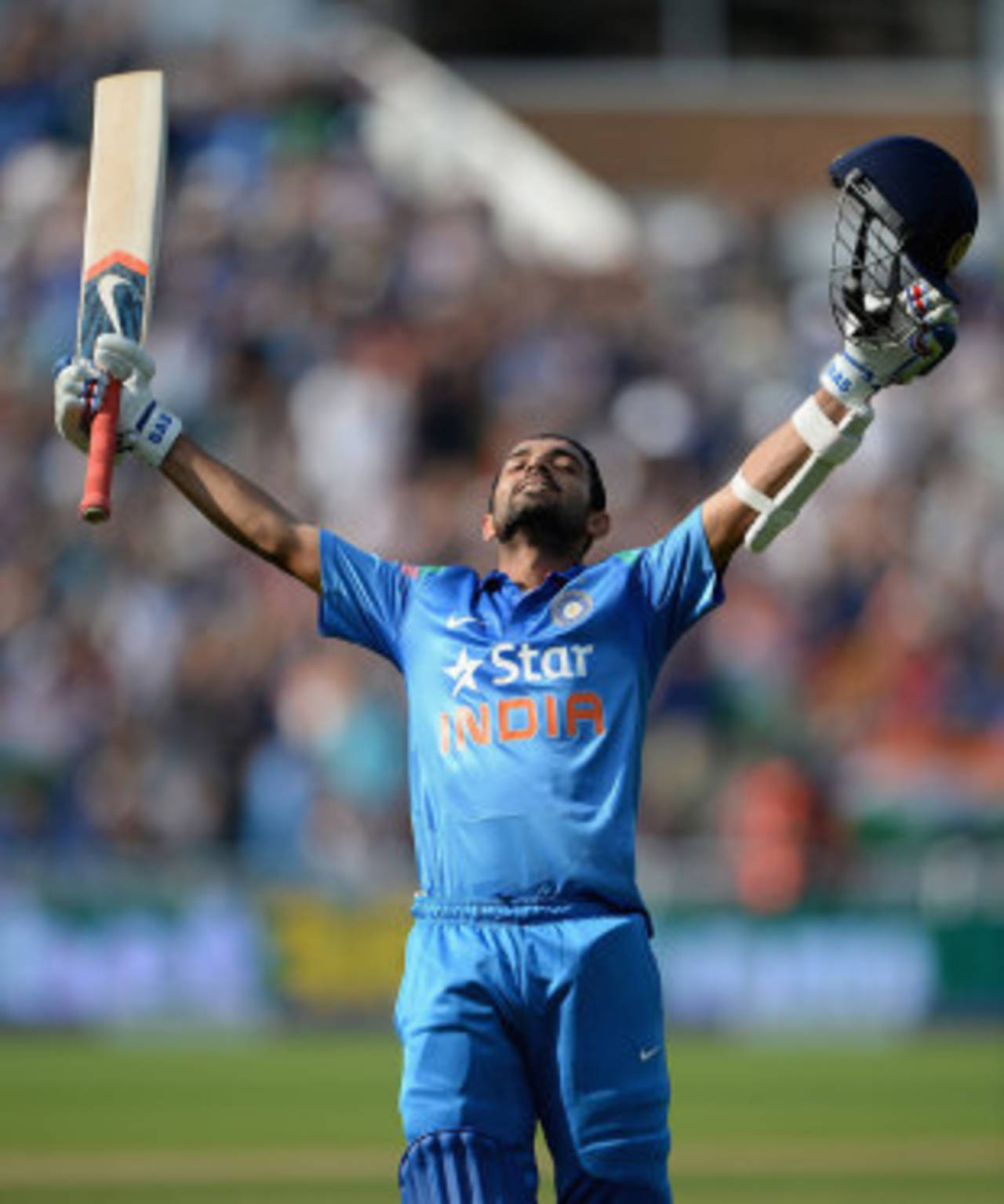 Ajinkya Rahane celebrates his maiden ODI hundred, England v India, 4th ODI, Edgbaston, September 2, 2014
