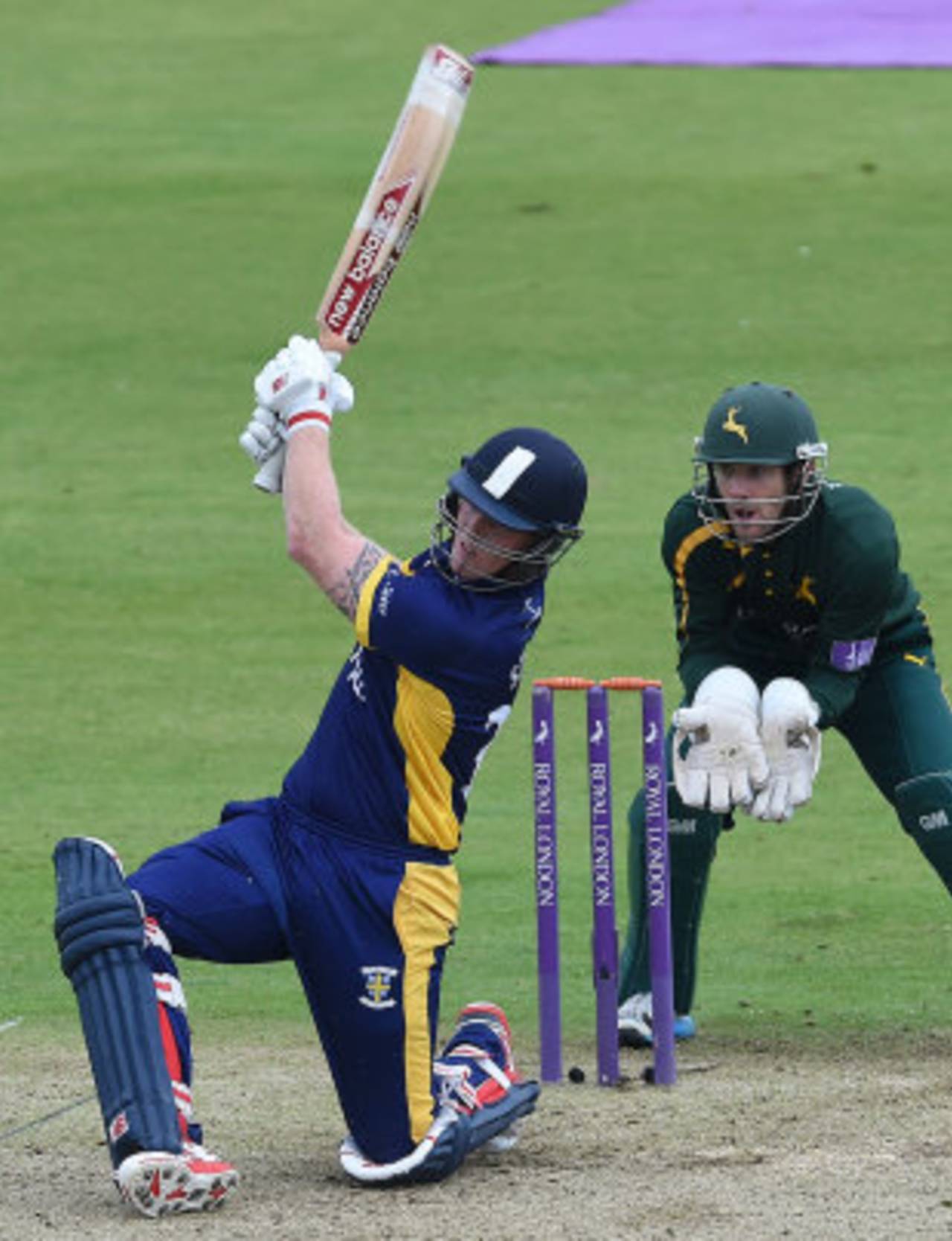Ben Stokes launches over the leg side, Durham v Nottinghamshire, Royal London Cup semi-final, Chester-le-Street, September 6, 2014