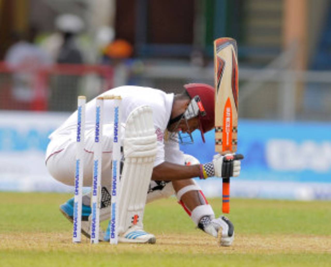 Kraigg Brathwaite marks his guard, West Indies v Bangladesh, 1st Test, St Vincent, 2nd day, September 6, 2014