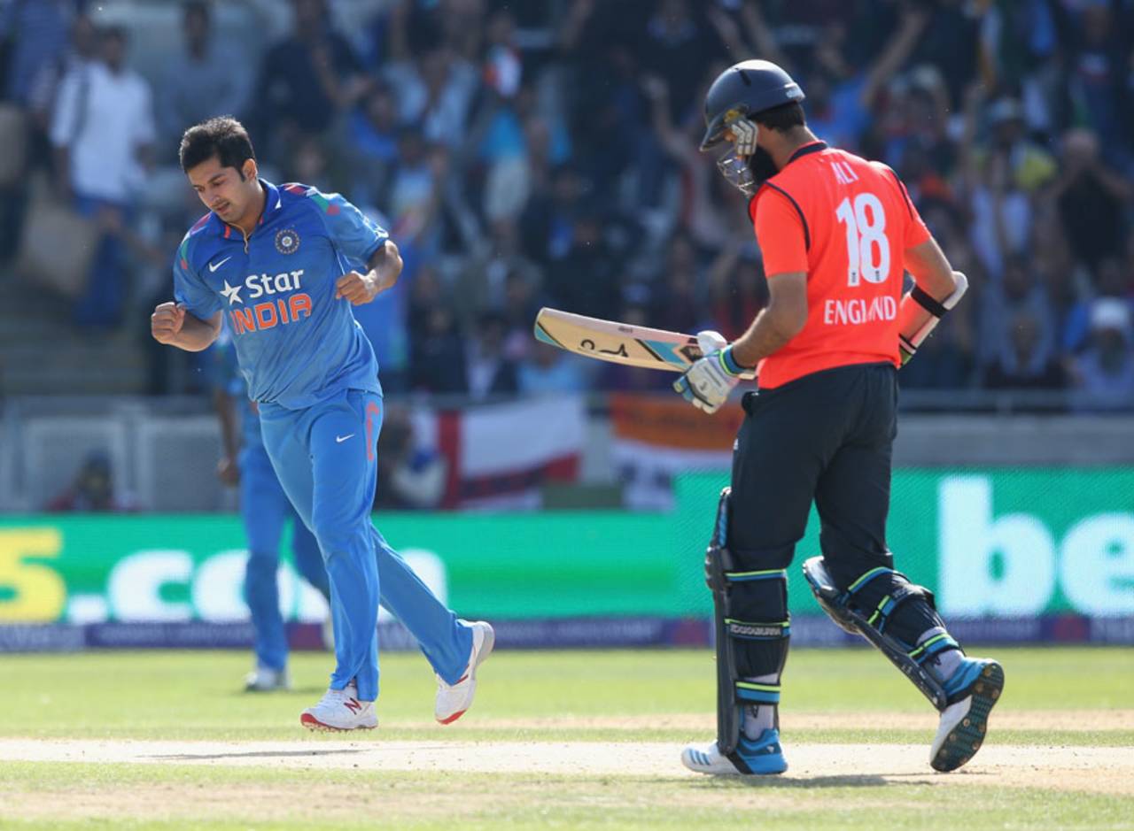 Mohit Sharma had Moeen Ali caught in the covers, England v India, only T20, Edgbaston, September 7, 2014
