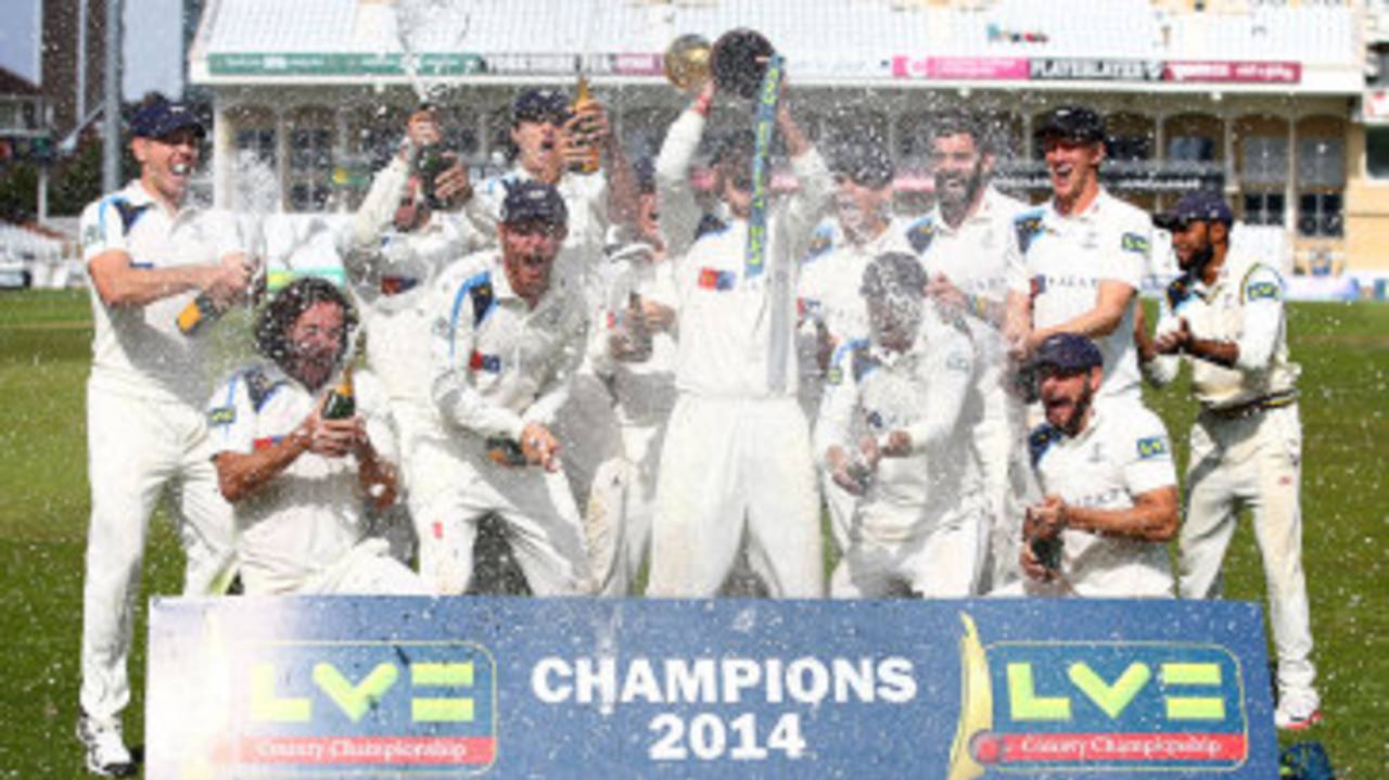 Yorkshire spray the champagne after winning the County Championship, Nottinghamshire v Yorkshire, County Championship, Division One, Trent Bridge, September 12, 2014