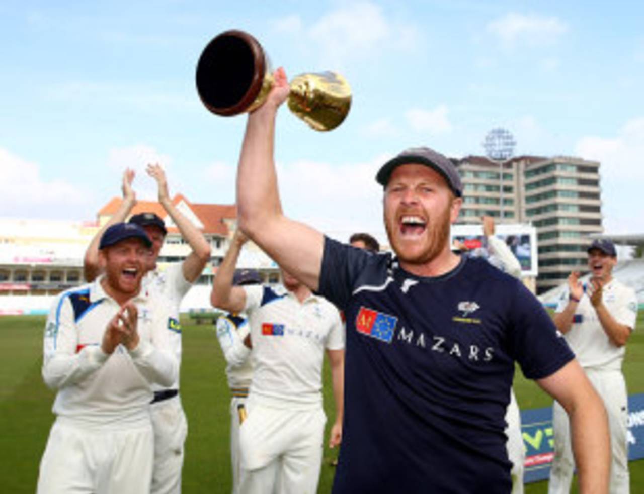 Andrew Gale, Yorkshire's suspended captain, had to wait until the official presentation had finished to get his hands on the Championship trophy&nbsp;&nbsp;&bull;&nbsp;&nbsp;Getty Images