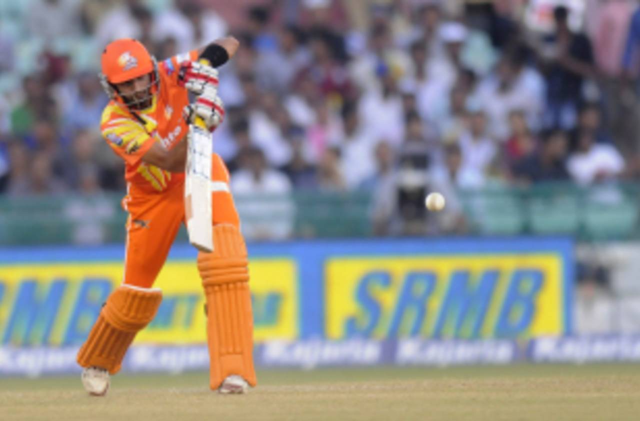 Saad Nasim pushes the ball down the ground, Southern Express v Lahore Lions, CLT20 qualifier, Raipur, September 16, 2014