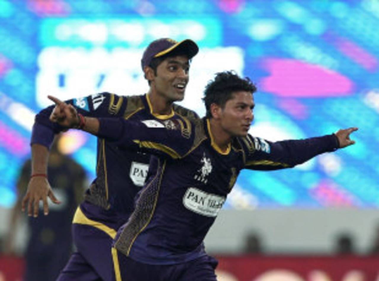 Kuldeep Yadav celebrates after taking a wicket, Kolkata Knight Riders v Perth Scorchers, CLT20, Group A, Hyderabad, September 24, 2014