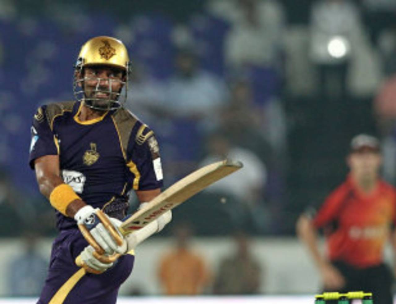 Robin Uthappa reacts after playing a shot during his 23, Kolkata Knight Riders v Perth Scorchers, CLT20, Group A, Hyderabad, September 24, 2014