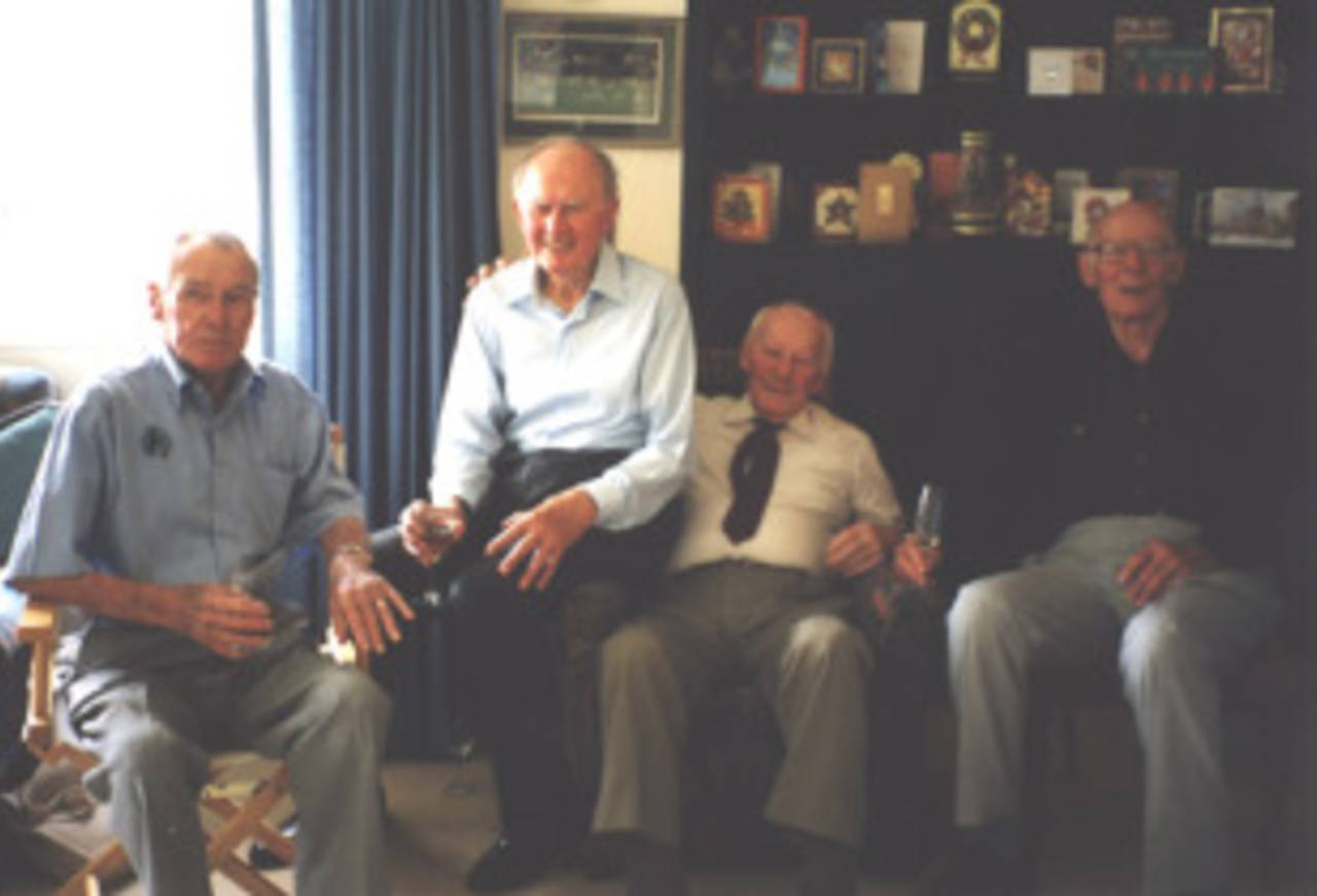 Jack Kerr (extreme right), who survived more than 75 years after his Test debut in 1931, with Bert Sutcliffe, George Rabone and Lindsay Weir on his 90th birthday&nbsp;&nbsp;&bull;&nbsp;&nbsp;Jack Kerr
