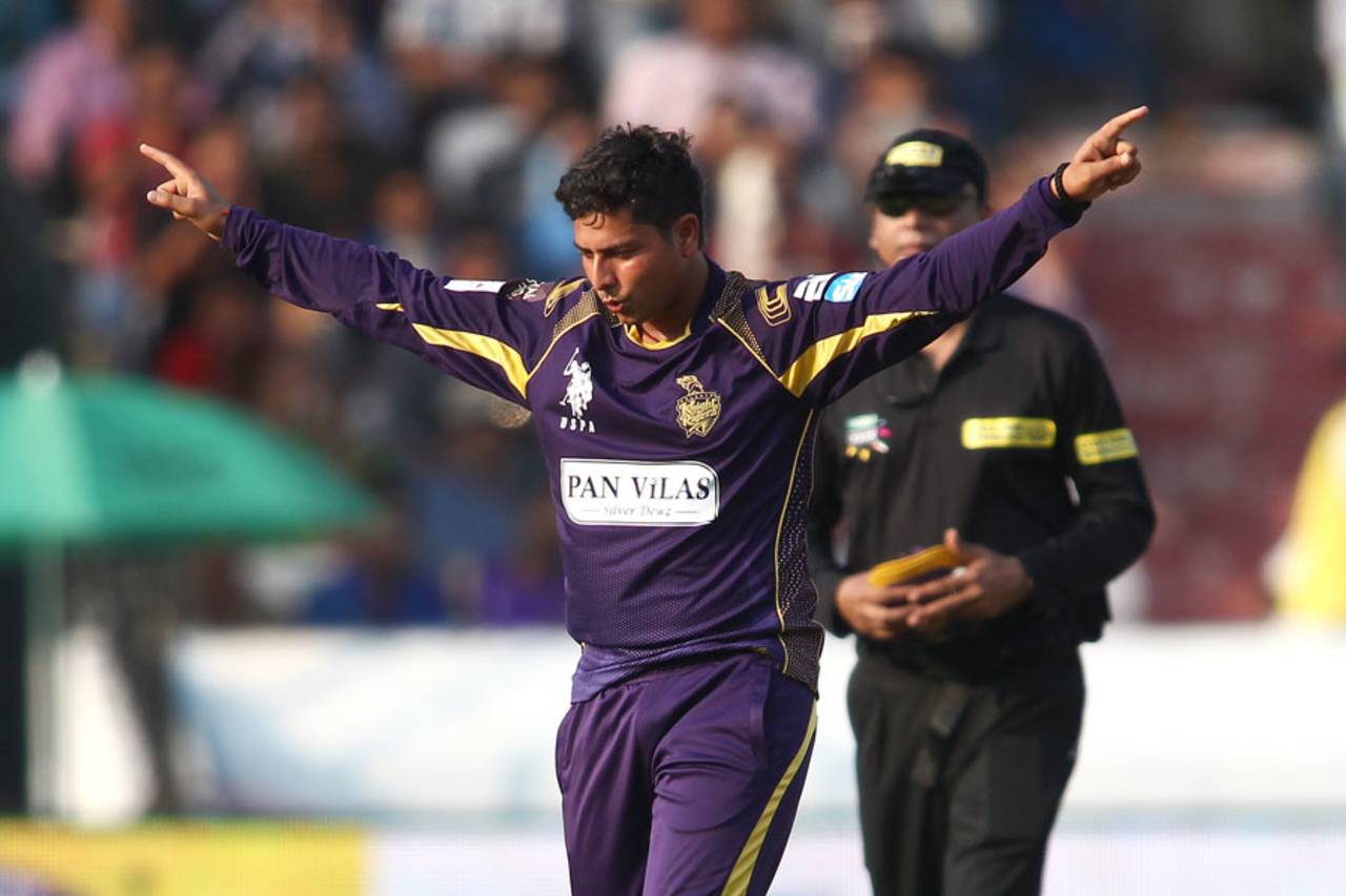 Kuldeep Yadav picked up the crucial wicket of Ben Dunk, Kolkata Knight Riders v Hobart Hurricanes, 1st semi-final, CLT20, Hyderabad, October 2, 2014