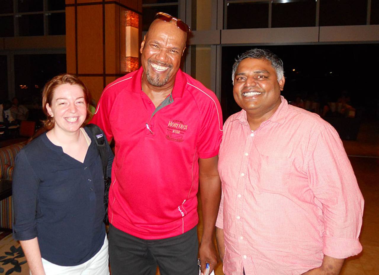 Subash Jayaraman with wife Kathleen and Colin Croft, Port-of-Spain