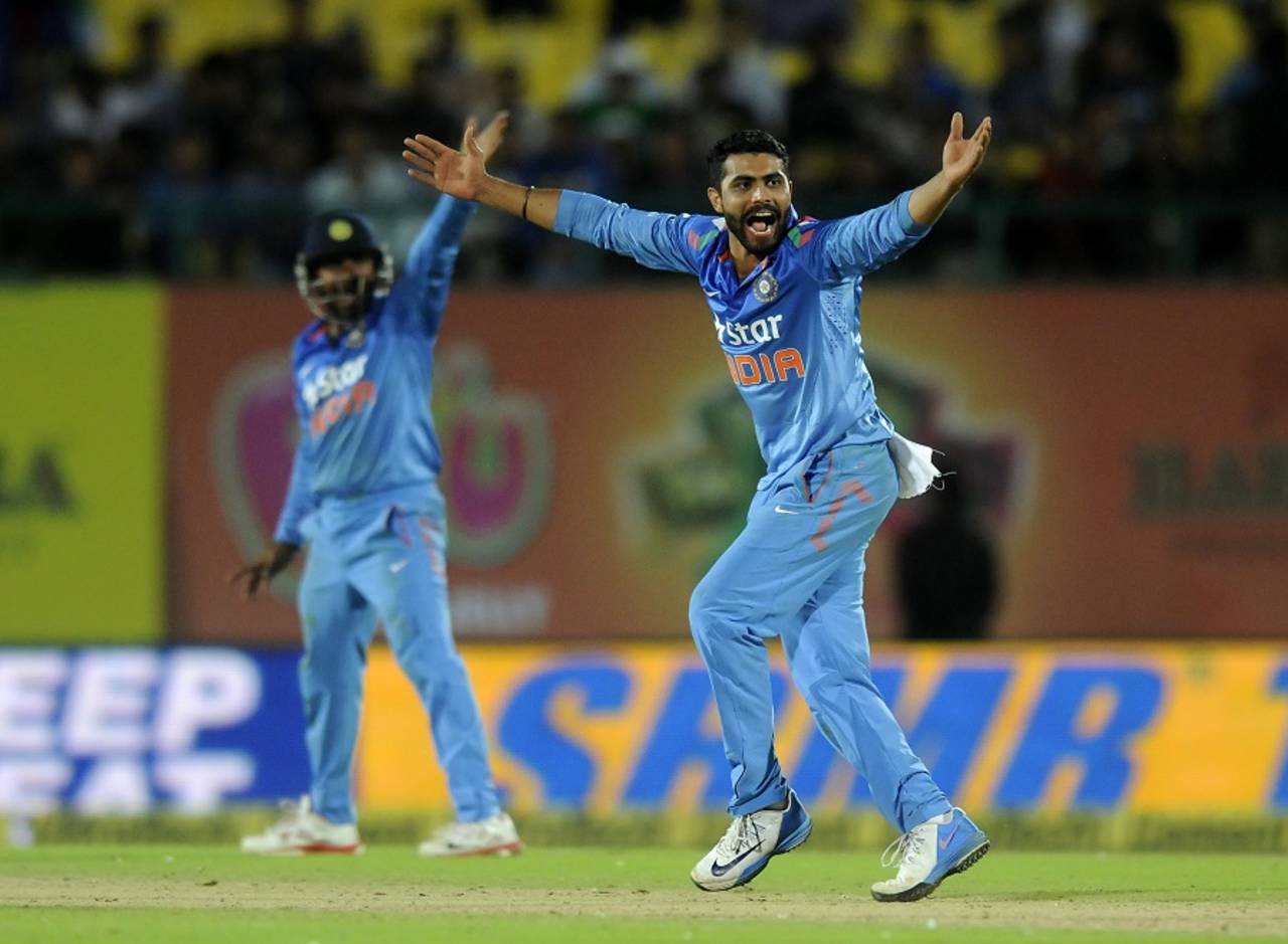 Ravindra Jadeja struck twice in the 28th over, India v West Indies, 4th ODI, Dharamsala, October 17, 2014