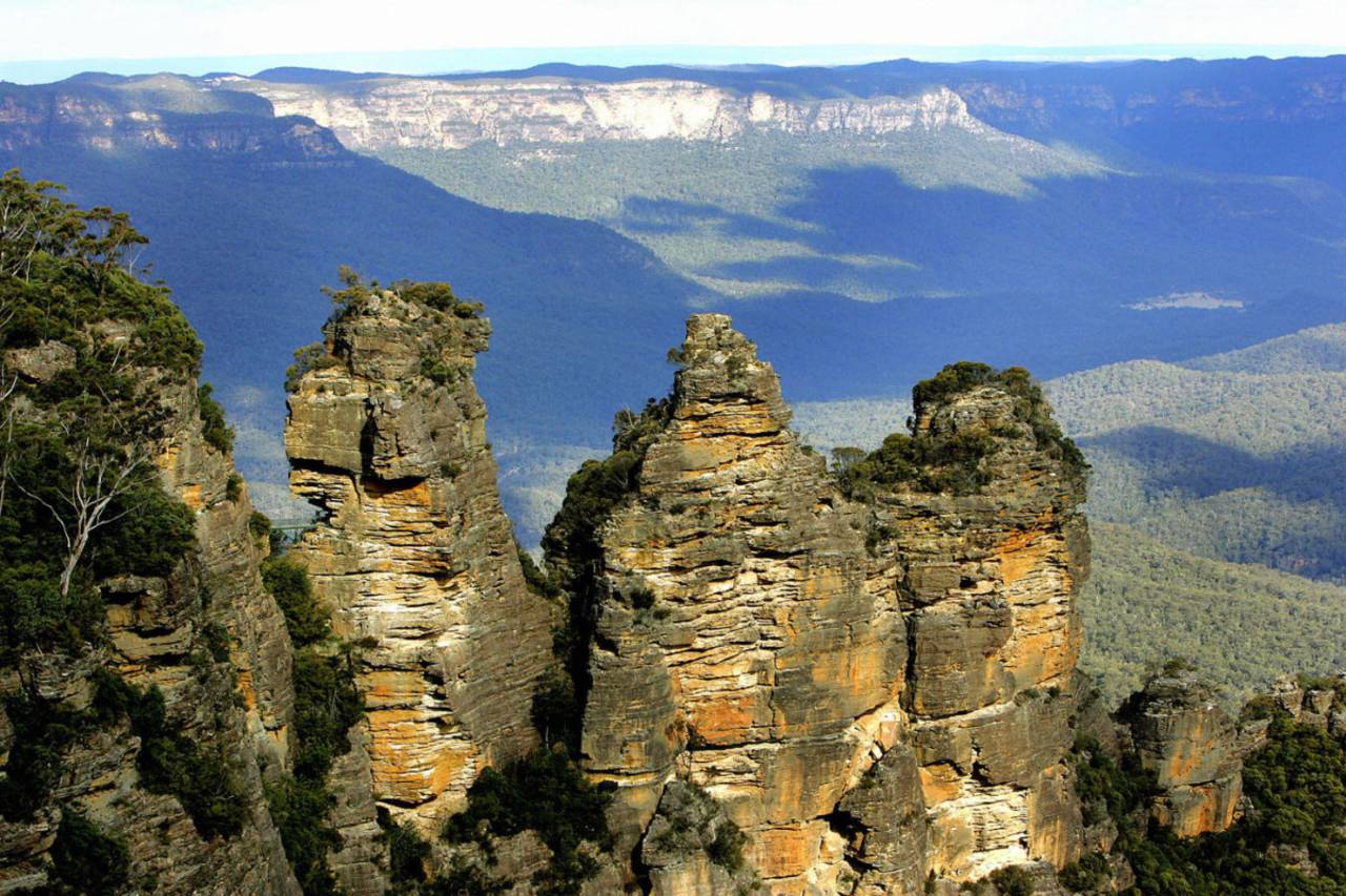 The unusual rock formations called the Three Sisters rise out of a gorge in the Blue Mountains National Park, September 14, 2005