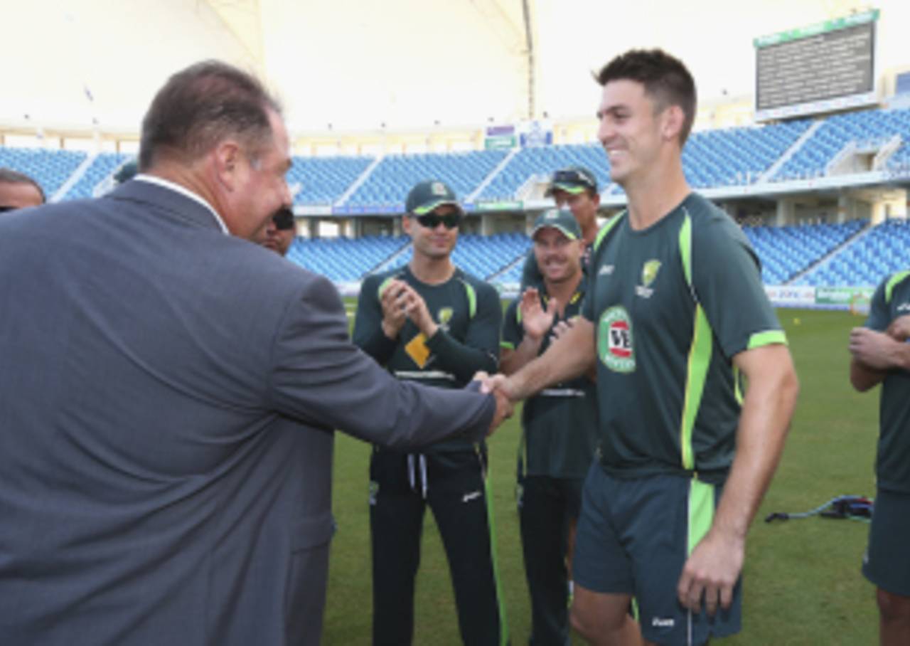 Mitchell Marsh got his baggy green cap from father Geoff Marsh, Pakistan v Australia, 1st Test, Dubai, 1st day, October 22, 2014