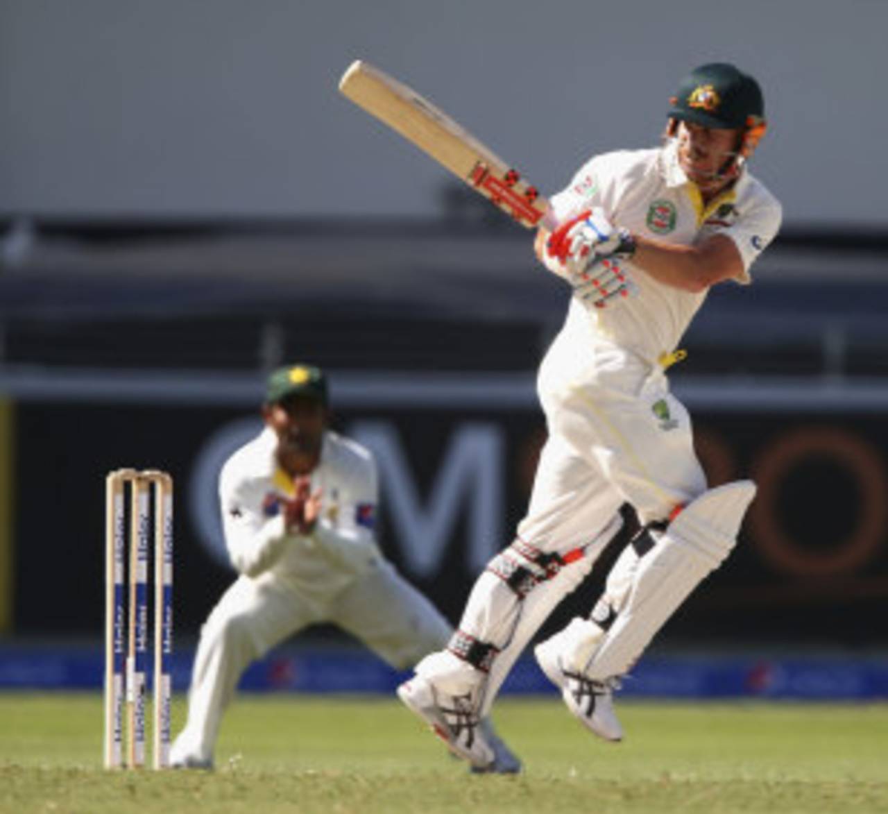 David Warner glances off his toes, Pakistan v Australia, 1st Test, Dubai, 3rd day, October 24, 2014