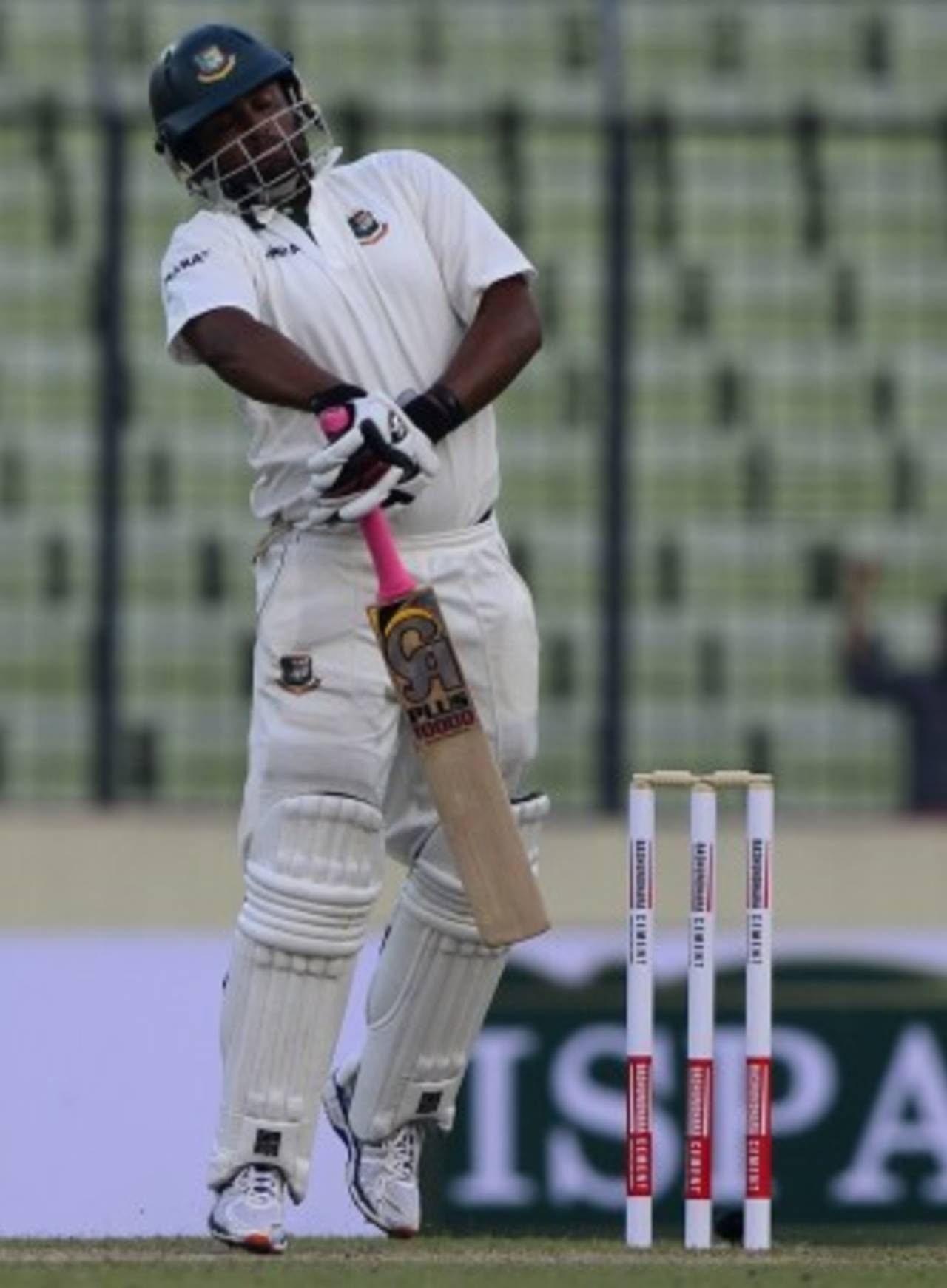 Tamim Iqbal fends at a short ball, Bangladesh v Zimbabwe, 1st Test, Mirpur, 1st day, October 25, 2014
