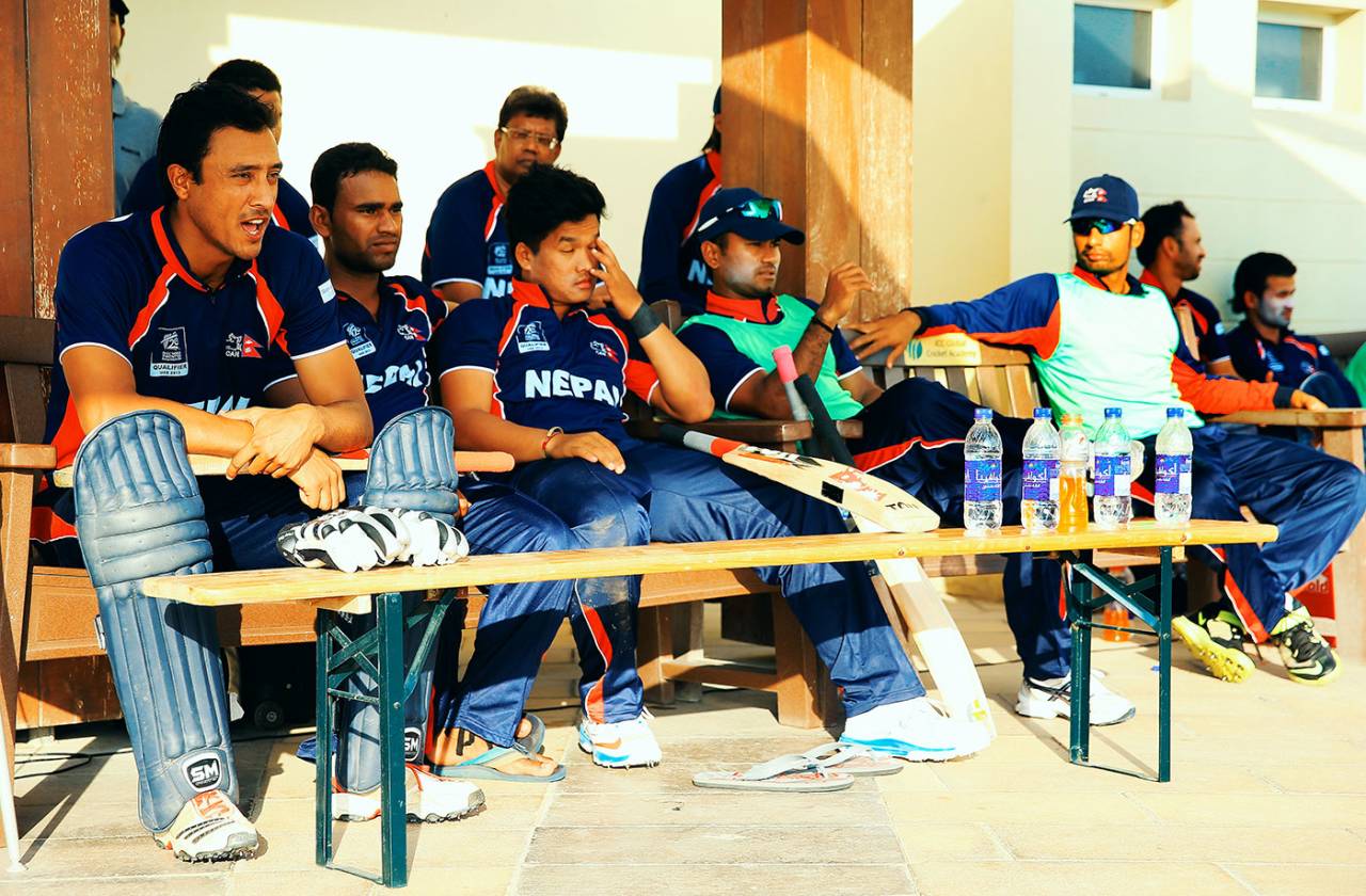 Paras Khadka and his team-mates at the pavilion, Dubai, November 16, 2013