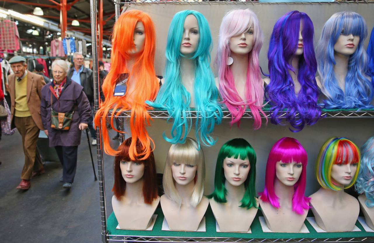 Wigs on display at Queen Victoria Market, Melbourne, July 11, 2014