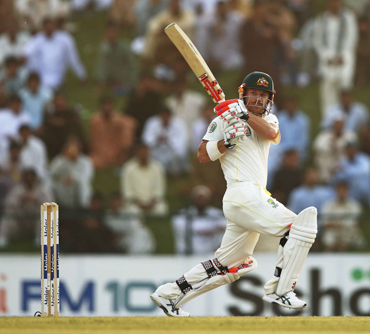David Warner struck three fours in the final session, Pakistan v Australia, 2nd Test, Abu Dhabi, 2nd day, October 31, 2014